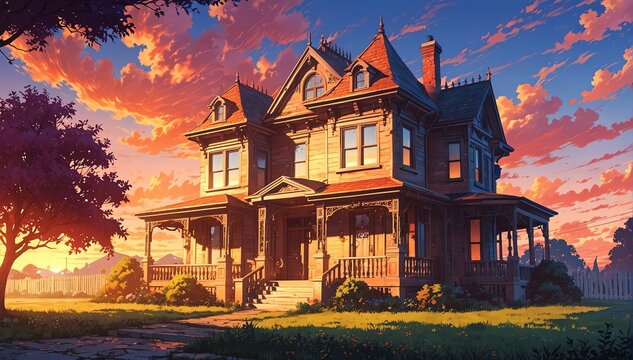 victorian house in sunset in landscape anime cartoon illustration from Generative AI