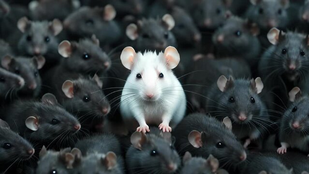 An unique white mouse or rat is surrounded by many other black mice or rats. High quality 4k footage