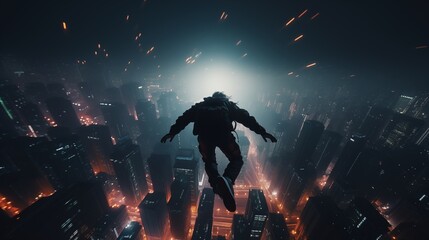 BASE jumper leaping from an urban skyscraper at night, neon - lit cityscape, cyberpunk aesthetics, ultra - wide lens perspective.
