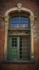 Fototapeta na wymiar Vintage green door, adorned with glass panels, nestled within weathered brick wall. Above this door, arched window with stone frame, intricate detailing enhances architectural charm. Brick wall.
