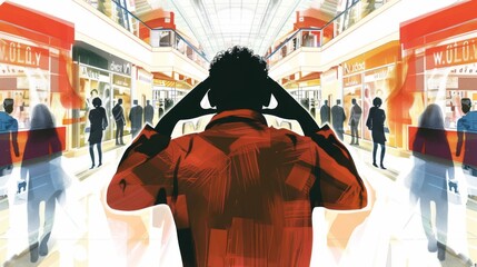 Overwhelmed Shopper in Bustling Mall Environment