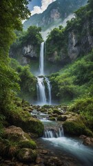 Waterfall cascades gracefully from towering cliff, surrounded by lush greenery, mist. Water flows into serene pool below, where it continues downstream over rocks, creating smaller cascades.