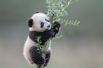 Baby panda clumsily climbing a small tree - obrazy, fototapety, plakaty