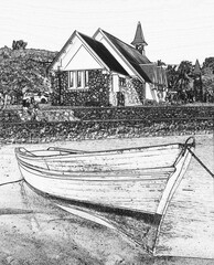 Barque de pêche et église mythique à Cap Malheureux, île Maurice 