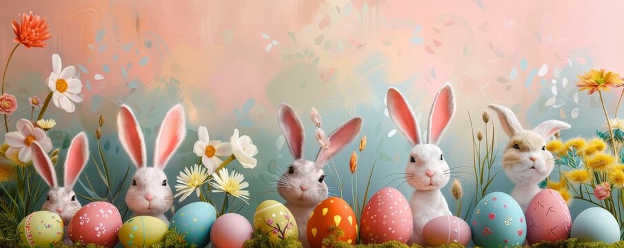 Floral Easter background with colorful eggs and happy rabbits