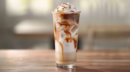  a generous swirl of whipped cream and a drizzle of caramel sauce. The ice cubes clink as you gently stir, creating a delightful blend of sweetness and caffeine that's perfect for a sunny afternoon.