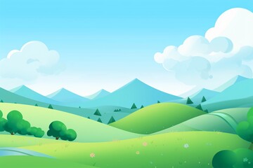 Peaceful countryside landscape with rolling hills , cute, cartoon, chibi