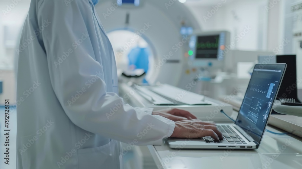 Poster an advanced mri x-ray scanning machine used by a medical doctor at a hospital health care lab is dis