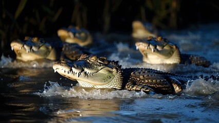 Crocodiles silently stalk under the cover of night. Concept Wildlife Conservation, Reptiles, Nocturnal Animals, Predator Behavior, Nature Awareness