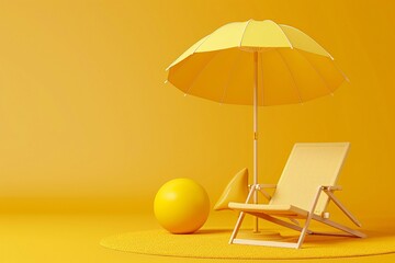 3D vector illustration a beach chair, umbrella and ball, the summer holiday travel.