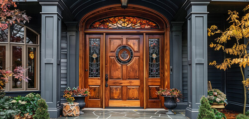 Fototapeta na wymiar A traditional wooden door with stained glass accents, adding vintage elegance to the entrance of a historic home