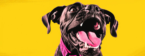 Joyful black dog with pink tongue out, highlighted against a yellow background.