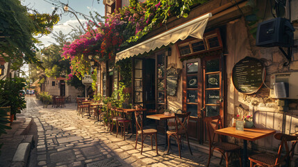 Fototapeta na wymiar Cafe on the old street in Limassol Cyprus.