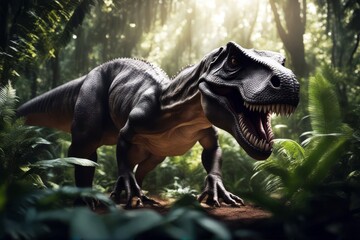 'rex tyrannosaurus jungle three-dimensional dinosaur park jurassic dino forest background nature...