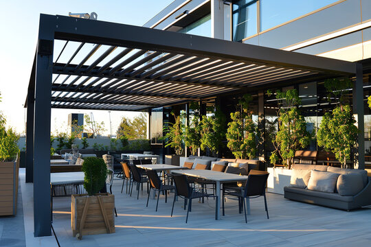 bioclimatic pergola on a commercial building&rsquo;s terrace
