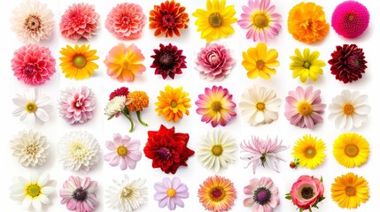 Red, Pink, Yellow, White Flowers Isolated on White Background, including rose, dahlia, marigold, zinnia, straw flower, sunflower, daisy, primrose, and other wildflowers.