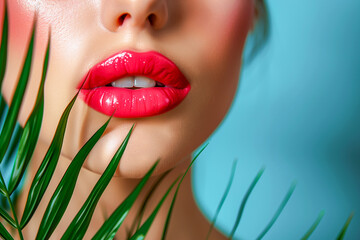 Bright pink female lips with tropical palm on blue background, female beauty concept