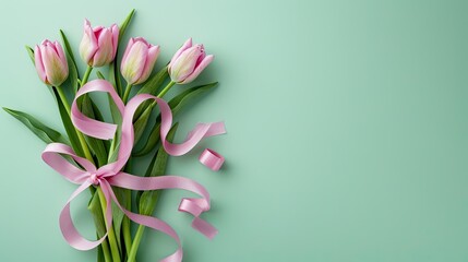 A stunning arrangement of pink tulips tied with a delicate pastel ribbon against a mint backdrop Perfect for Mother s Day Easter or Valentine s Day these spring flowers offer a fresh and vi
