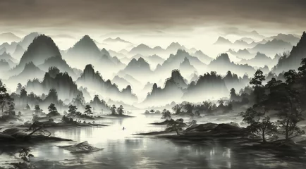 Raamstickers Oriental ink landscape painting with quieter and simpler elements © ilolab