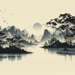 Oriental ink landscape painting with quieter and simpler elements