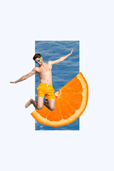 Vertical photo image collage young cheerful smile jumping man sunglass naked torso fit orange slice...