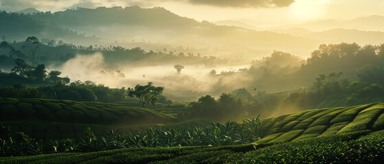 foggy tea plantation in the morning