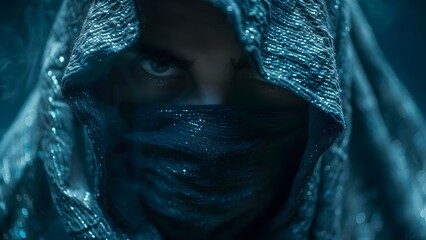 Hooded hacker with technology shadowed face involved in cybersecurity and data breaches. Concept Cybersecurity Threats, Hacker Persona, Technology Shadowing, Data Breaches, Hooded Hacker - obrazy, fototapety, plakaty