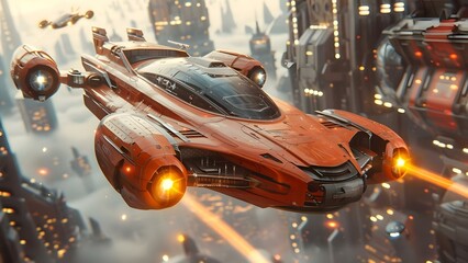 Futuristic bandits in flying cars outsmart advanced security in daring airborne caper. Concept Action & Adventure, Future Technology, Heist Plan, Flying Cars, Suspenseful Escape - obrazy, fototapety, plakaty