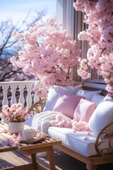 Pastel pink spring exterior with flowering trees, veranda and cozy sofa with white pillows
