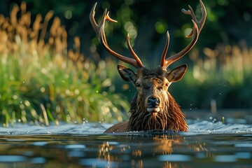 Majestic Stag with Impressive Antlers Swimming in Serene Forest River at Golden Hour Illumination