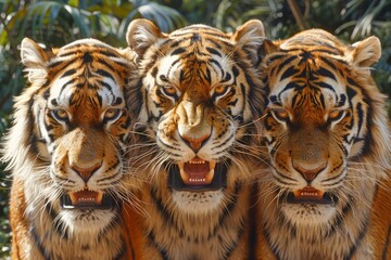 Majestic Trio of Tigers Posing with a Fierce Gaze in a Natural Jungle Setting, Vibrant Wildlife Photography, Perfect for Nature Enthusiasts