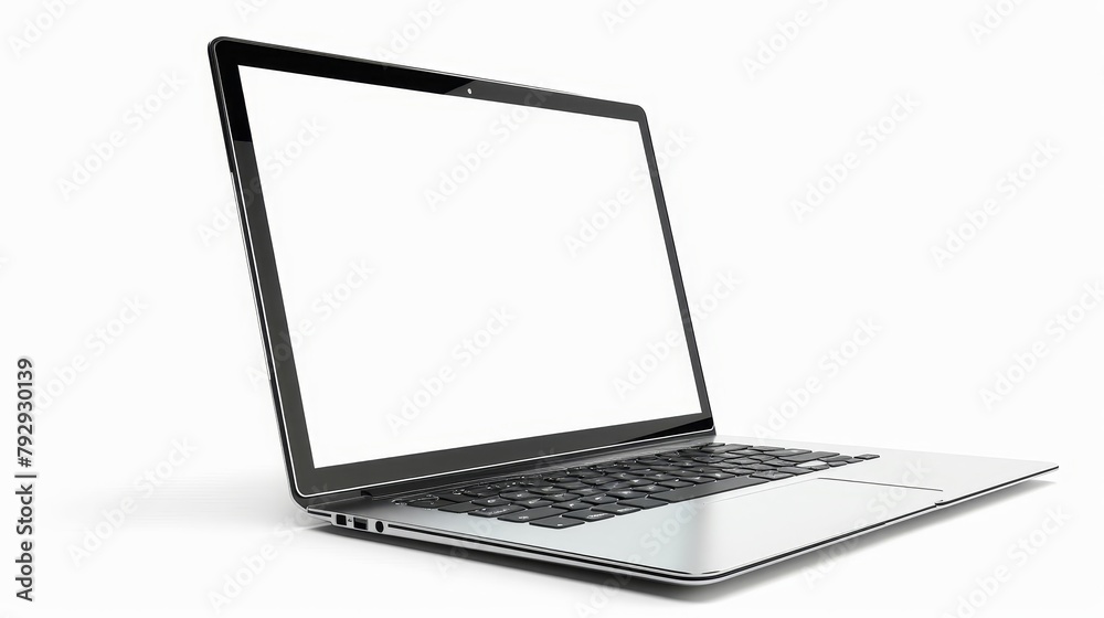 Aufkleber an aluminium laptop with a blank screen and a new design hovering on a white background.
