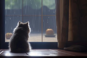 Rain patters against the windowpane, creating a soothing rhythm A fluffy Persian cat gazes out at the world, its tail swishing gently A curious Yorkie puppy peers over its shoulder, sharing the peacef