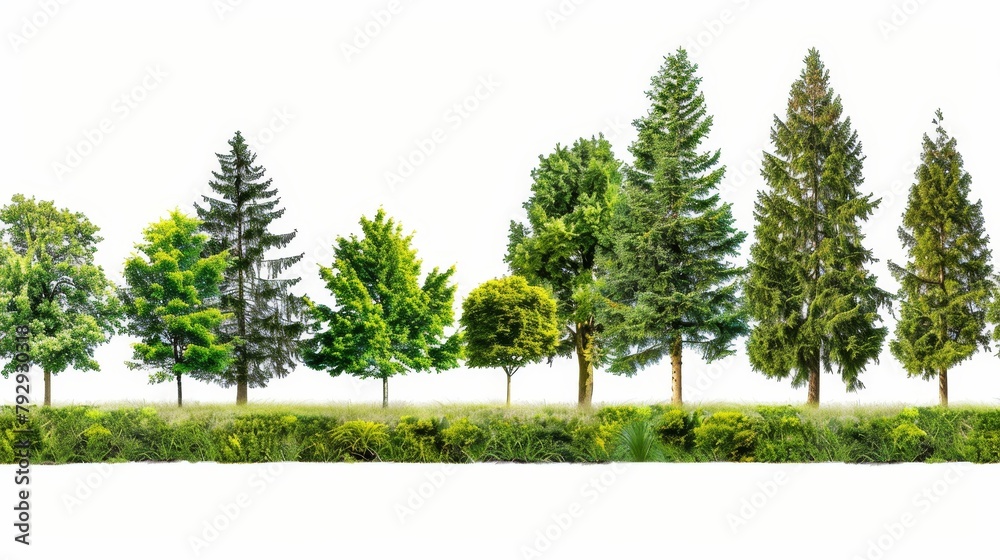 Poster the summer forest with trees and shrubs is isolated on a white background. a row of trees and shrubs