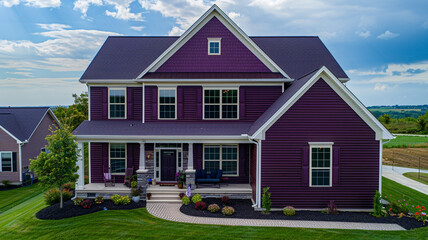 An aerial perspective captures the elegant eggplant purple house with siding and shutters, making a sophisticated statement in the suburban landscape, 
