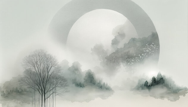 An image of a mystical, foggy forest with a prominent tree in the foreground and a large abstract moon in the background, creating an atmosphere of calm and mystery