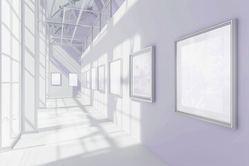An airy white art gallery with walls covered in a delicate lavender shade, showcasing empty pewter...