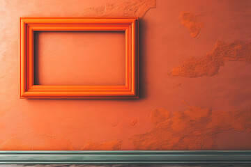 An art gallery with an orange wall, where a single, empty tangerine frame hangs. The frame's vibrant color pops against the muted background, drawing the eye directly to it.