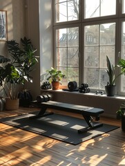 Minimalist home gym setup with exercise mat and weights, promoting at-home fitness routines.