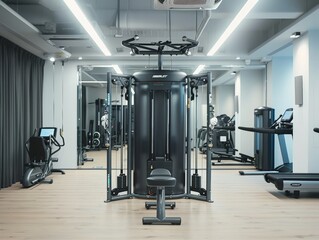 Fototapeta na wymiar Minimalist gym interior with sleek equipment, showcasing fitness products in a clean and modern setting.
