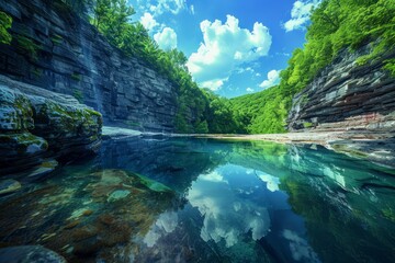 Scenic Mountain Lake with Crystal Clear Water Surrounded by Lush Forest and Rugged Cliffs under a...