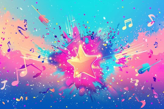an explosion with musical notes, a vibrant pink and blue color palette, music elements, musical instruments, sparkles Generative AI