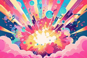 A colorful cartoon-style illustration of an explosion with musical notes against a pink background The large and dynamic explosions create bright streaks that resemble rays or beams Generative AI
