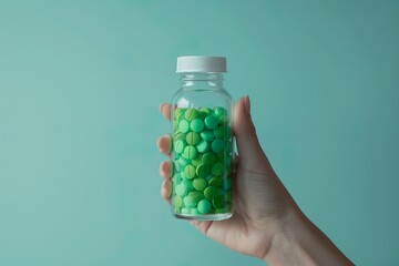  A hand  holding a clear bottle filled with green pills against a soothing turquoise background, symbolizing health and medication.