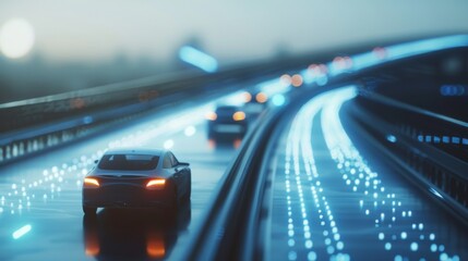 A road with autonomous cars and visible connections.