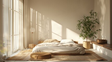 Clean, minimalist bedroom decor with soft textiles and soothing colors, promoting restful sleep.