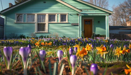 An early spring shot of a mint green house with crocuses and daffodils blooming in the front garden. - obrazy, fototapety, plakaty