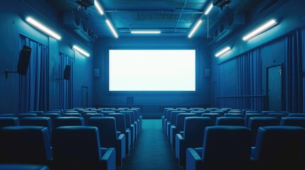 Blue Cinema Auditorium with Blank Screen Mockup