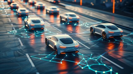 A 3D rendering of autonomous cars on a road with visible connections