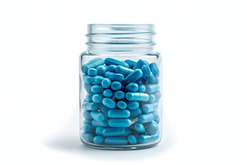 blue pills in clear jar isolated on clear white background